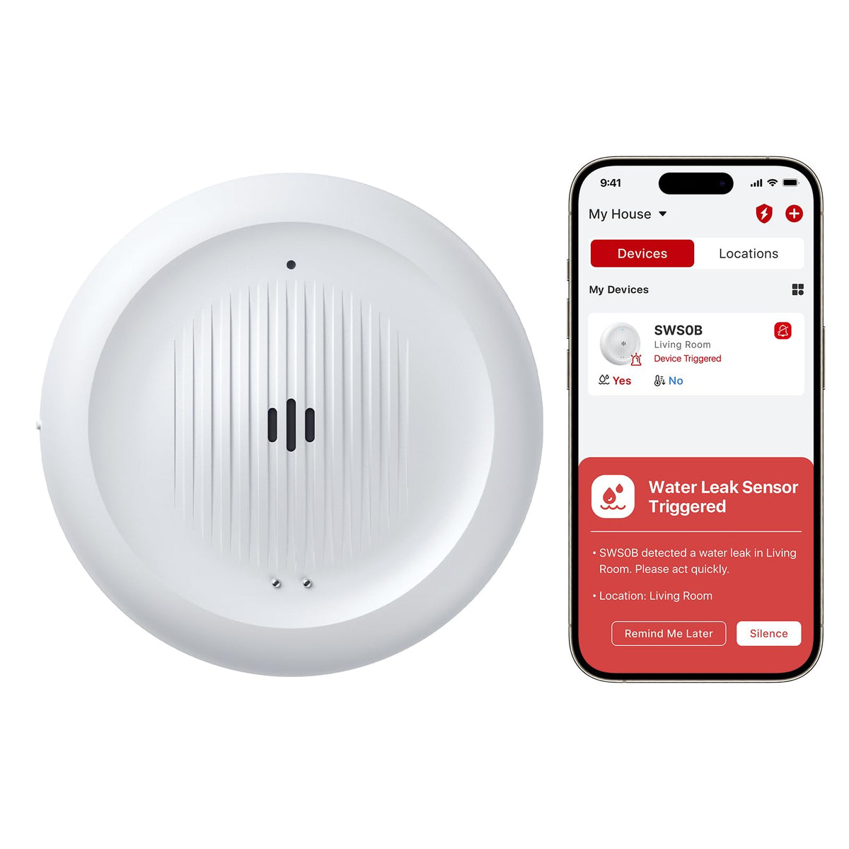 X-Sense SWS0B front view shows compact Wi-Fi leak detector for home protection.