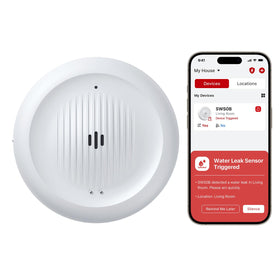 X-Sense SWS0B front view shows compact Wi-Fi leak detector for home protection.