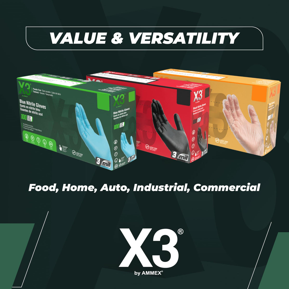 X3 box packaging showing 100 gloves for bulk use.