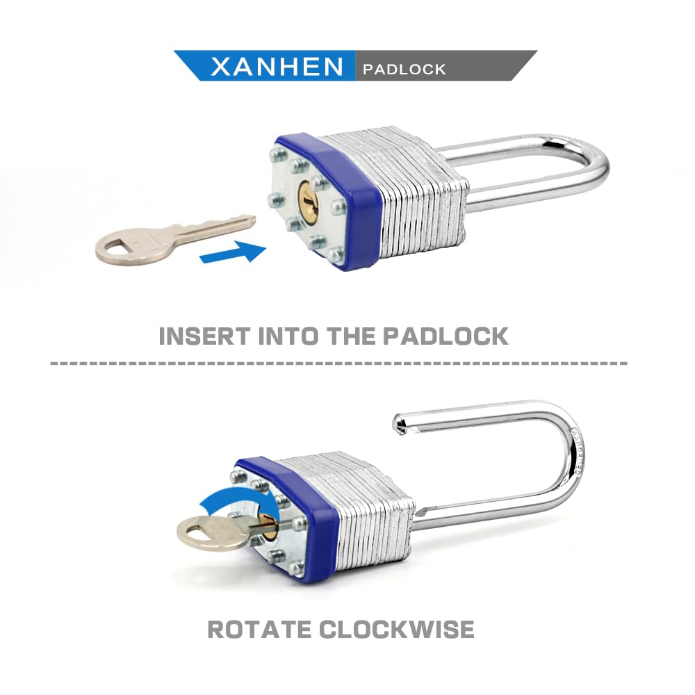 XanHen padlock with hardened shackle and brass cylinder for durability.
