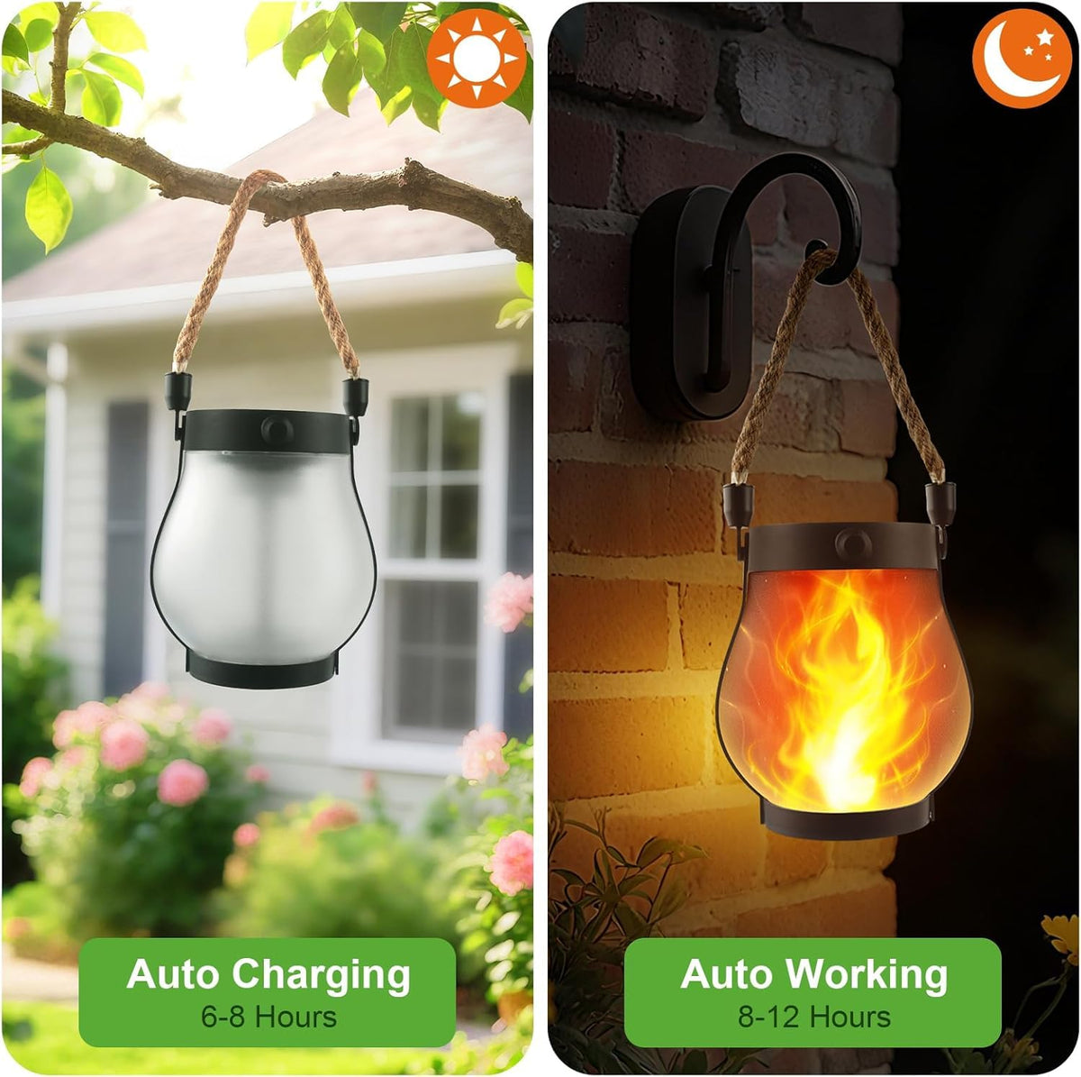 Xavbrysw lanterns charge via solar or USB for easy dusk-to-dawn lighting.
