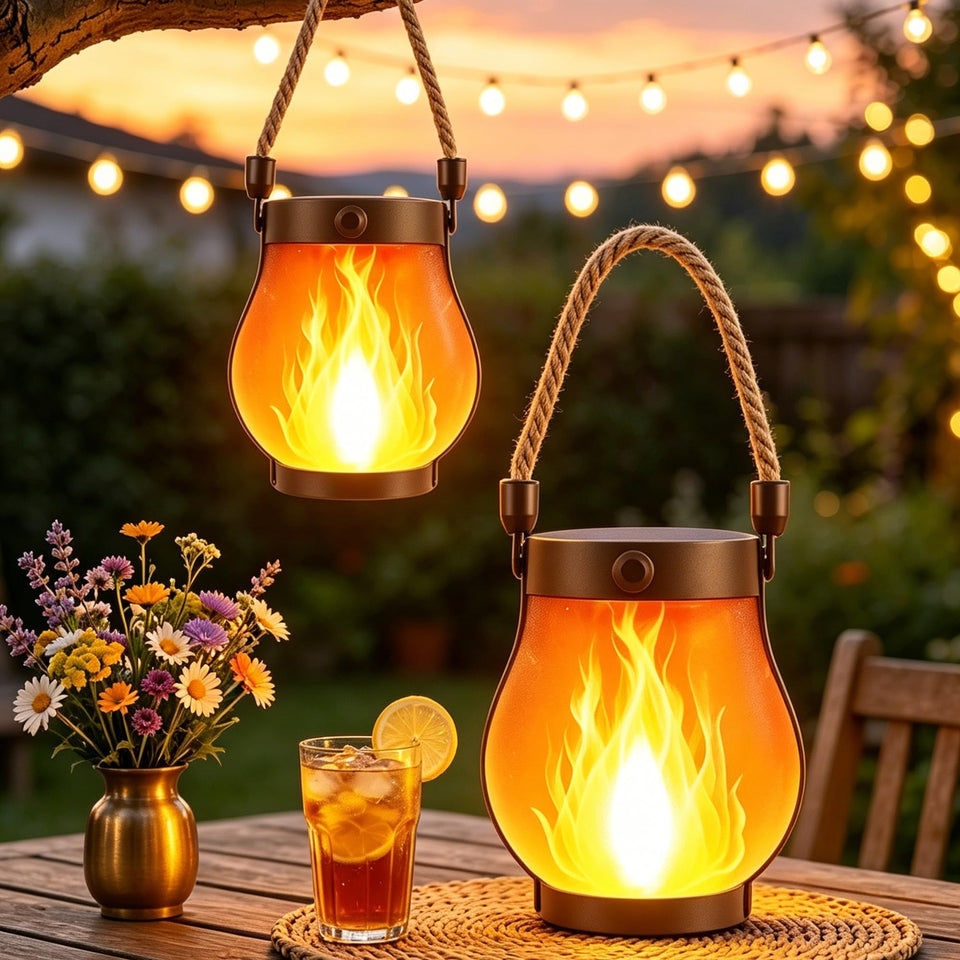 Xavbrysw solar lanterns outdoor waterproof 2-pack illuminate exteriors with warm flickering glow.