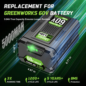 XAVITO 60V 5.0Ah battery side view, designed for secure tool compatibility.