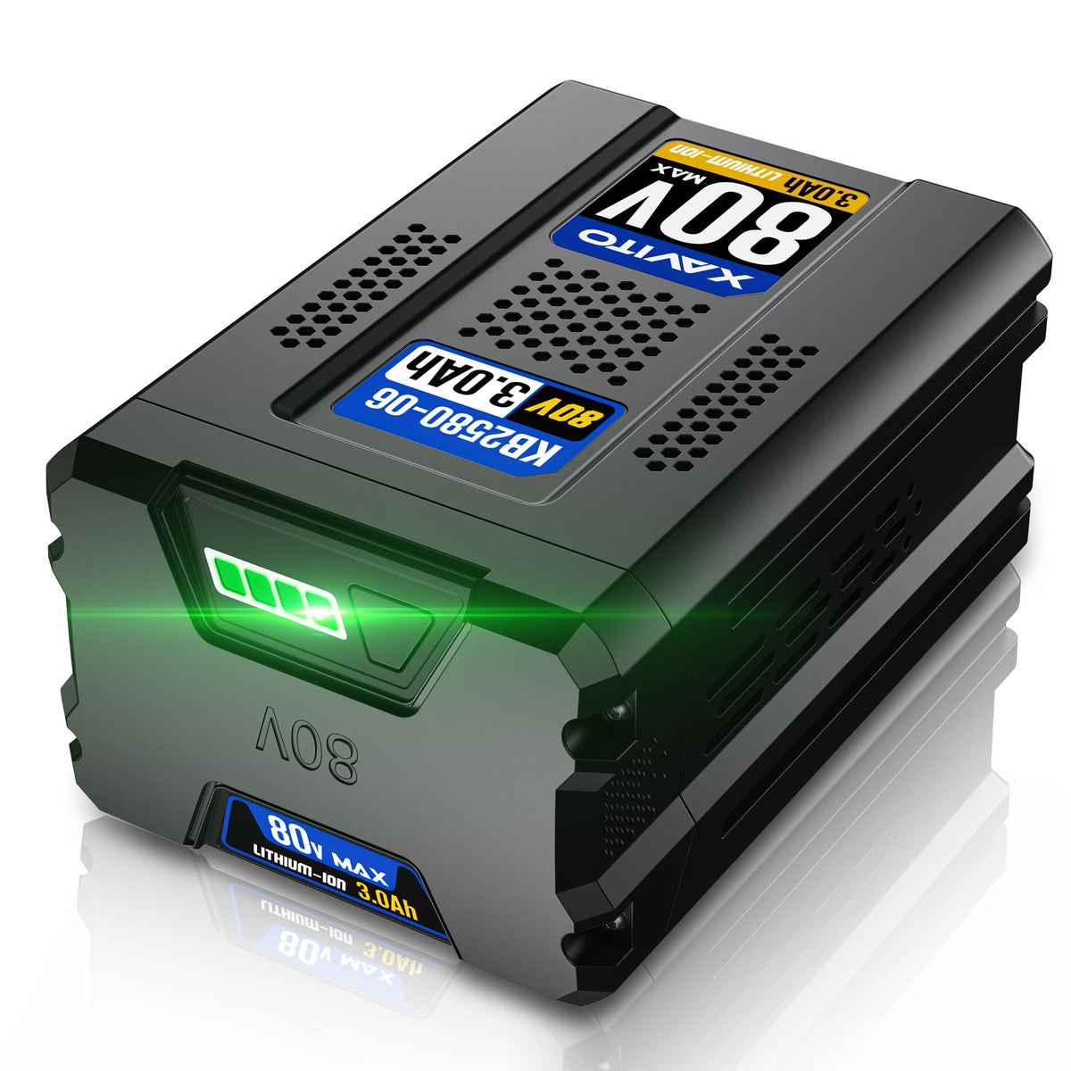 XAVITO 80V 3.0Ah battery front view showing extended runtime potential.