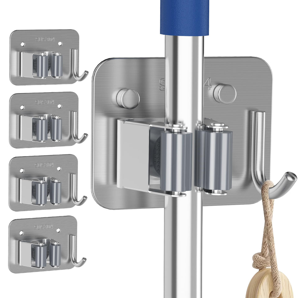 XCIXCI broom and mop holder wall mount in silver keeps tools organized and within reach