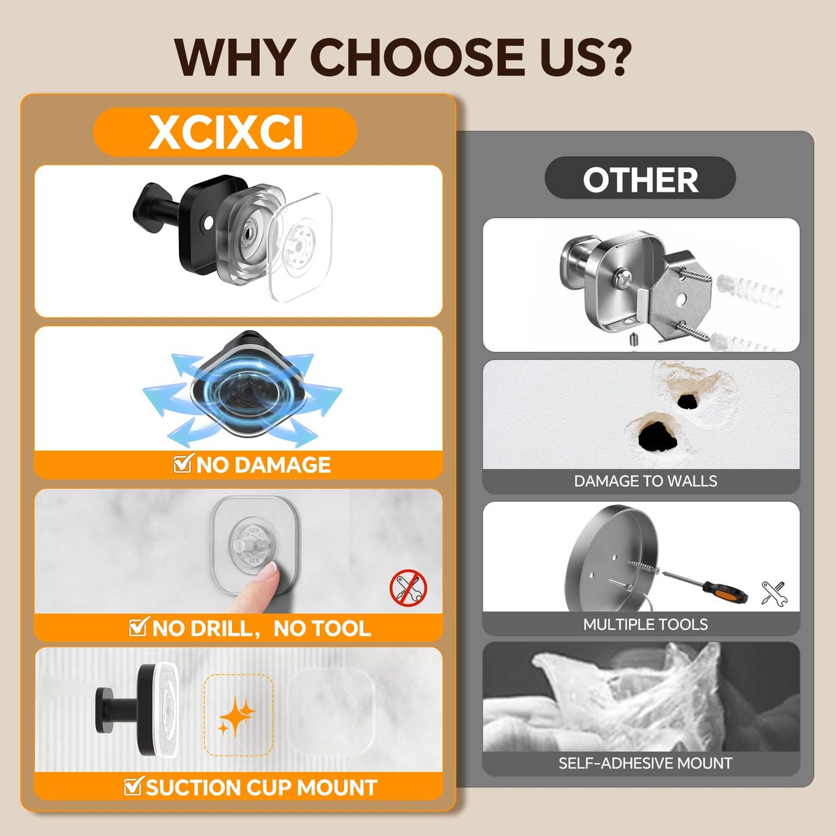 XCIXCI suction hooks on glass door, mirror, or tile for versatile mounting.