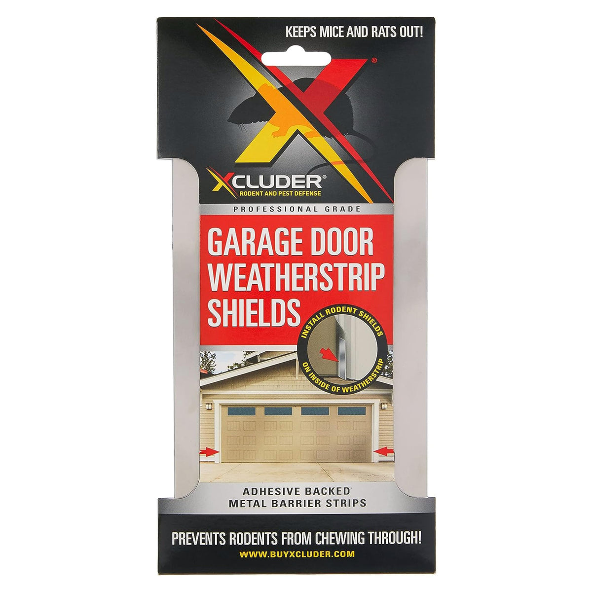 Xcluder garage door rodent shield close-up of stainless steel strip with adhesive backing.