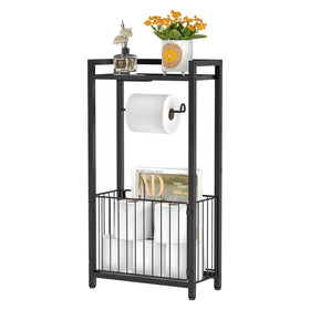X-cosrack freestanding toilet paper holder with storage shelf for easy reach and organization.