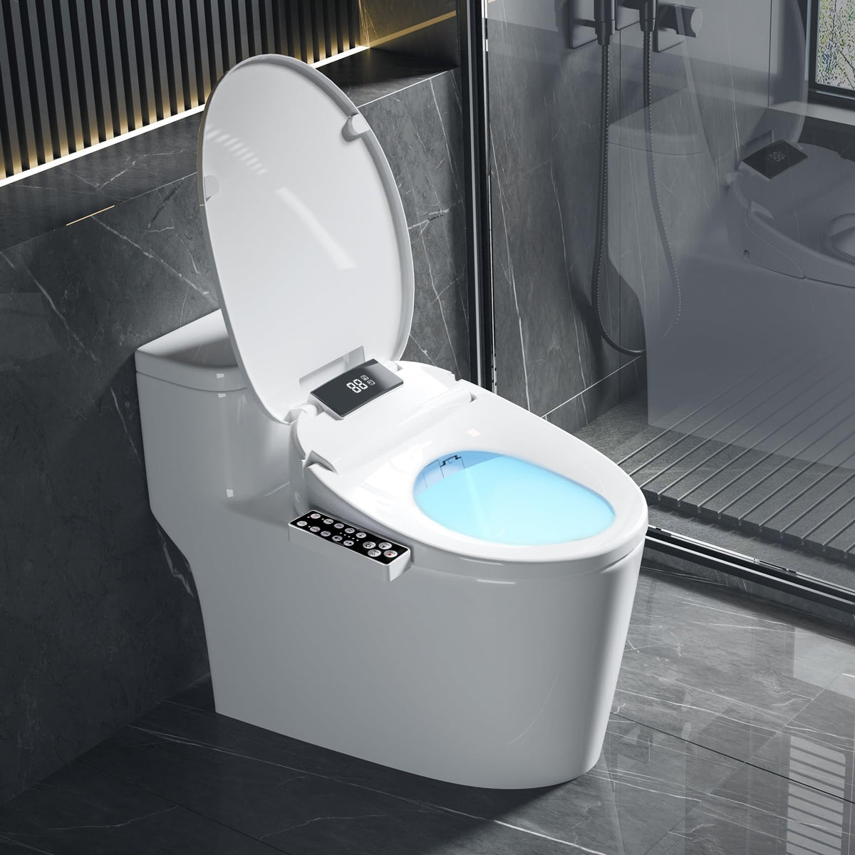 XCQQ bidet seat LED display demonstrates temperature and settings for precise control
