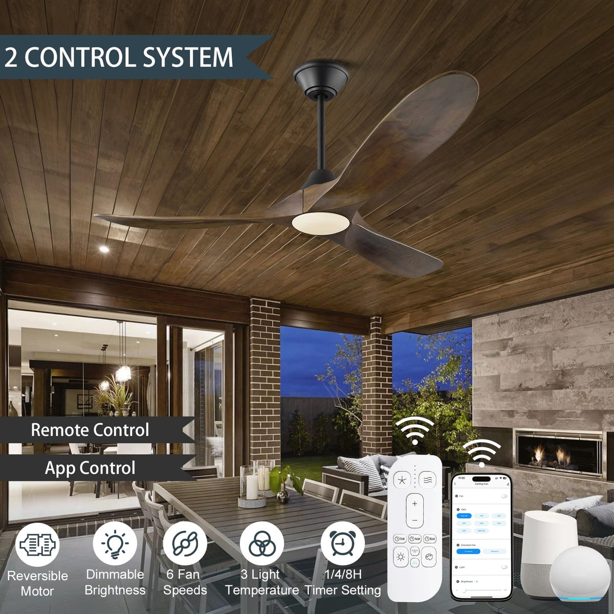 XCWIIE damp-rated patio fan for covered outdoor spaces.