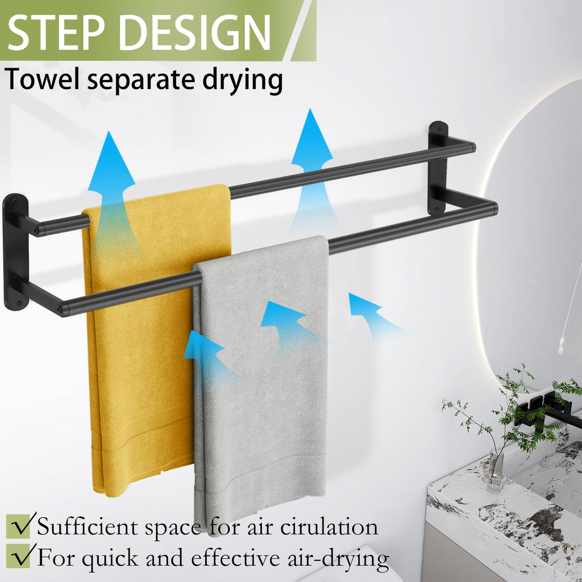 XEENEW bathroom towel bar with staggered design maximizes accessible space.