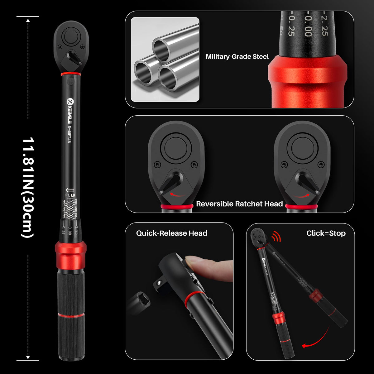 XEIMILE 72-tooth bidirectional ratchet supports efficient tightening and loosening.