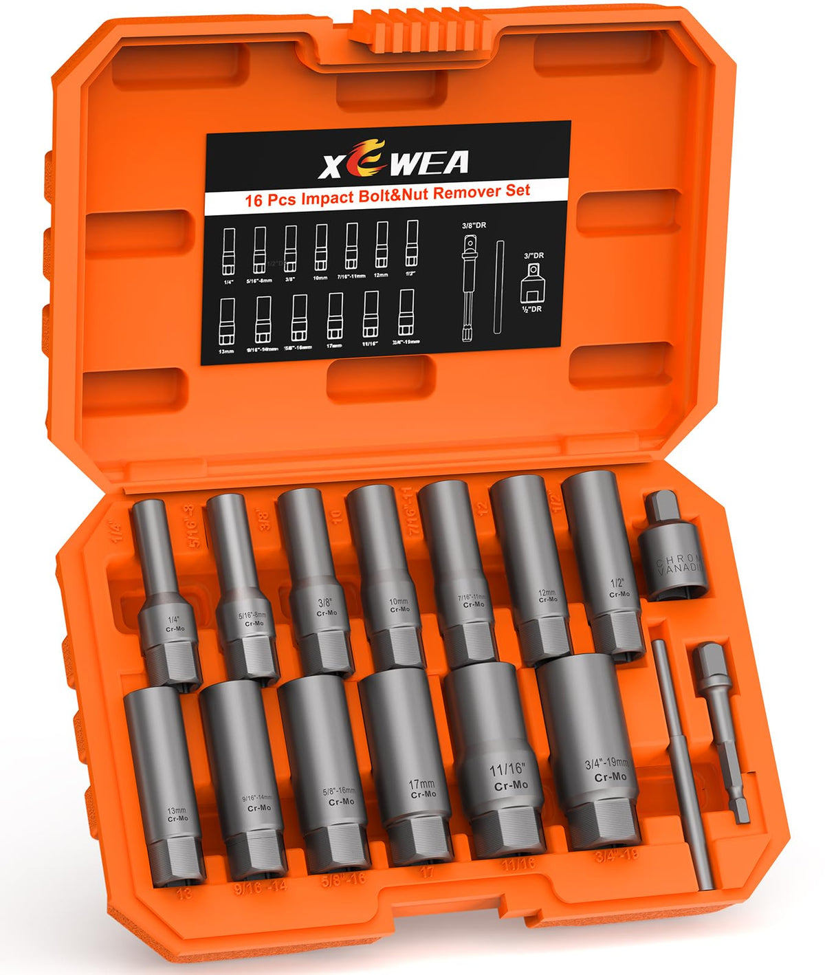 XEWEA 16-piece deep bolt extractor set packshot for quick removal of broken fasteners.