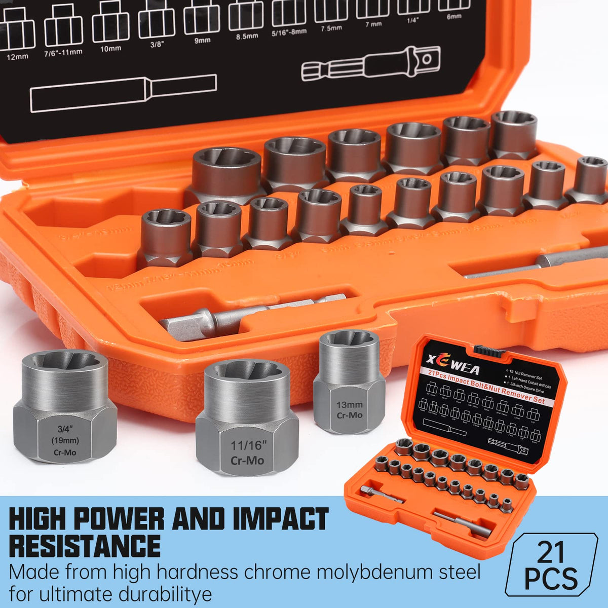 XEWEA bolt extractor set in use with impact wrench showing wide size range for damaged bolts.