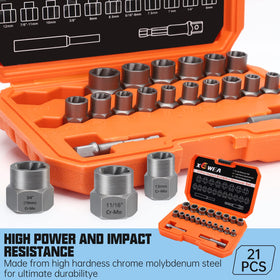XEWEA bolt extractor set in use with impact wrench showing wide size range for damaged bolts.
