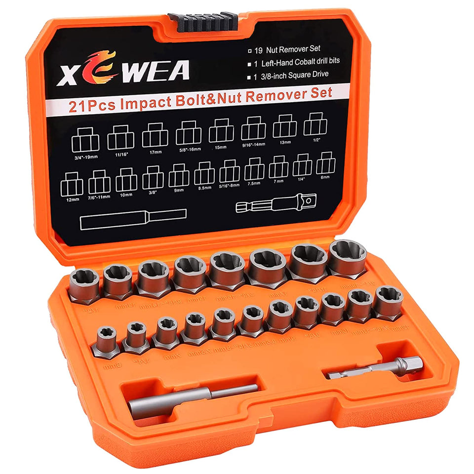 XEWEA 21Pcs bolt extractor kit in carry case for versatile lug nut removal.
