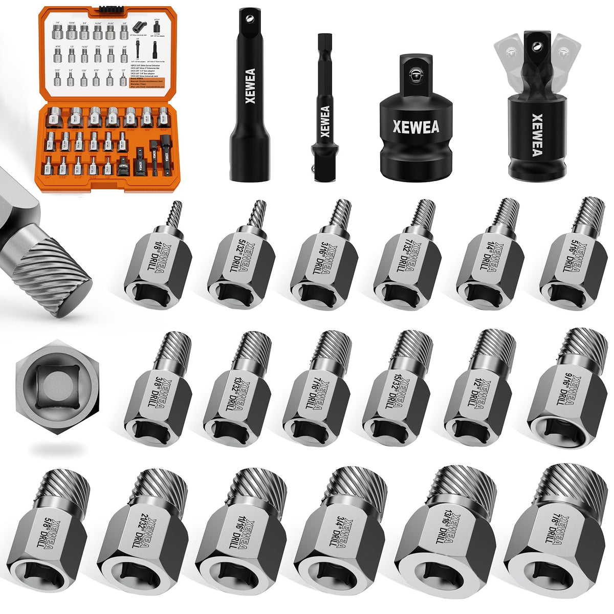 XEWEA screw extractor set with ten multi-spline extractors for damaged fasteners