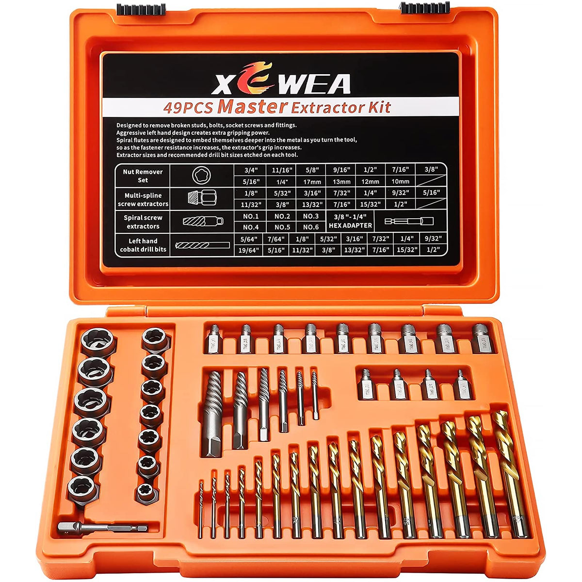 XEWEA 49-piece extractor set in close-up for versatile bolt removal.