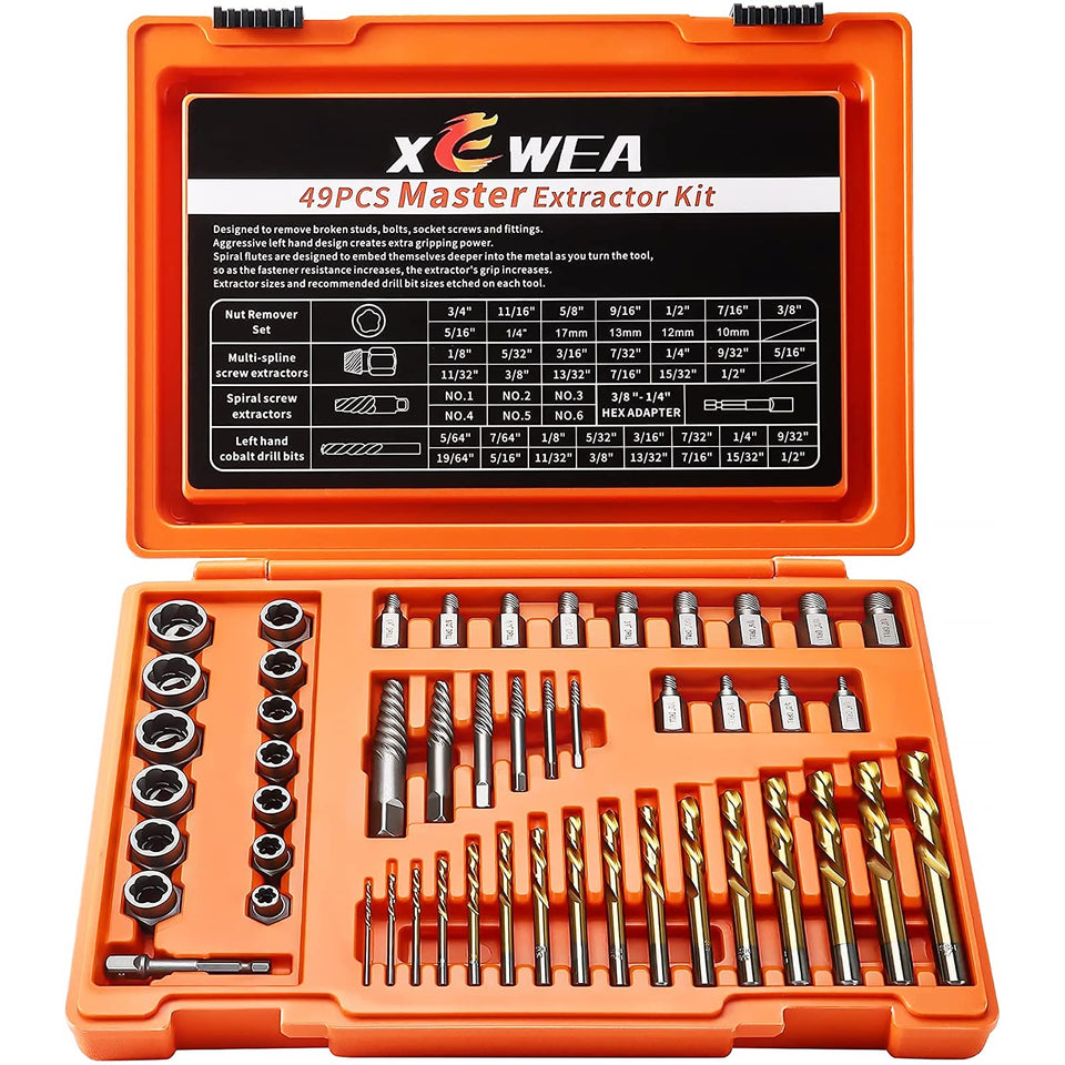 XEWEA 49-piece extractor set in close-up for versatile bolt removal.