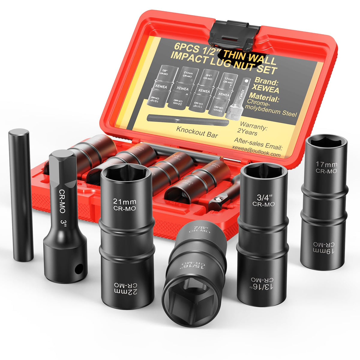 XEWEA 6PCS thin-wall lug sockets in a compact case for quick tire service