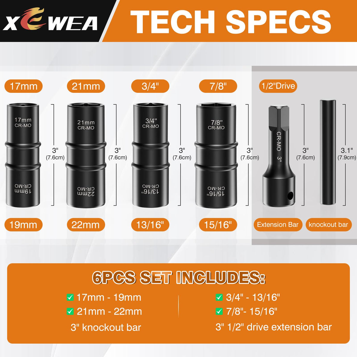 XEWEA eight-size dual-end sockets shown for fast wheel nut access