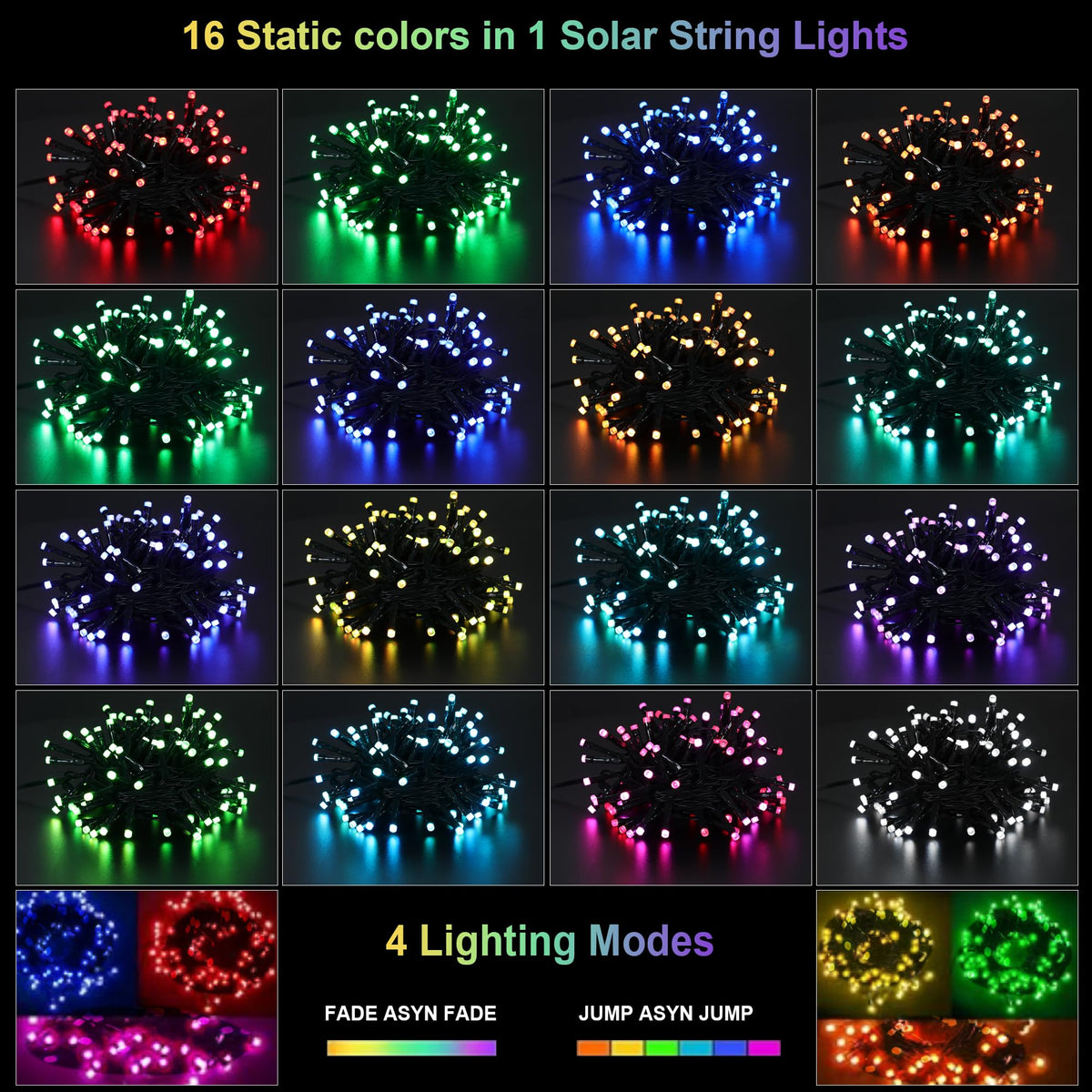 XEWEA solar string lights with 16 colors for versatile mood lighting.