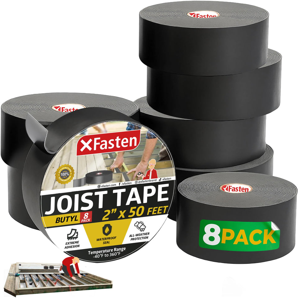 XFasten Butyl Joist Tape for Decking protects deck beams from moisture and weather exposure.