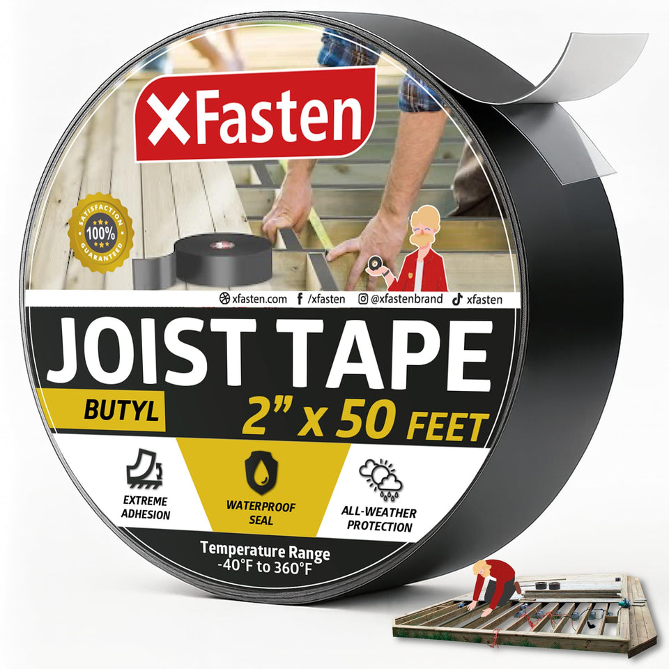 XFasten Butyl Tape on decking joist (2in) provides lasting moisture protection.