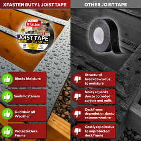XFasten Butyl Tape creates a waterproof seal around deck joints for durability.