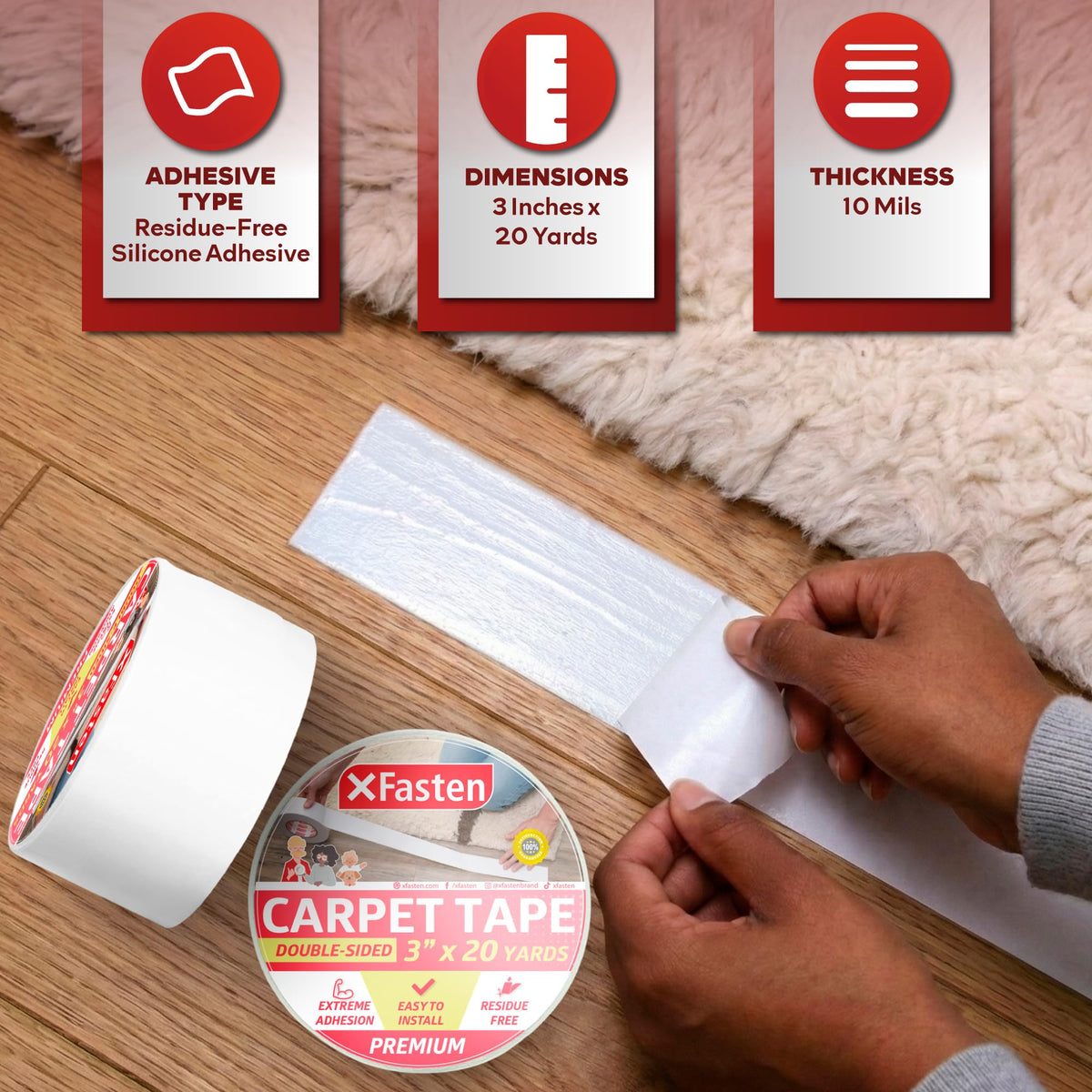 XFasten carpet tape on hardwood floor demonstrating residue-free removal
