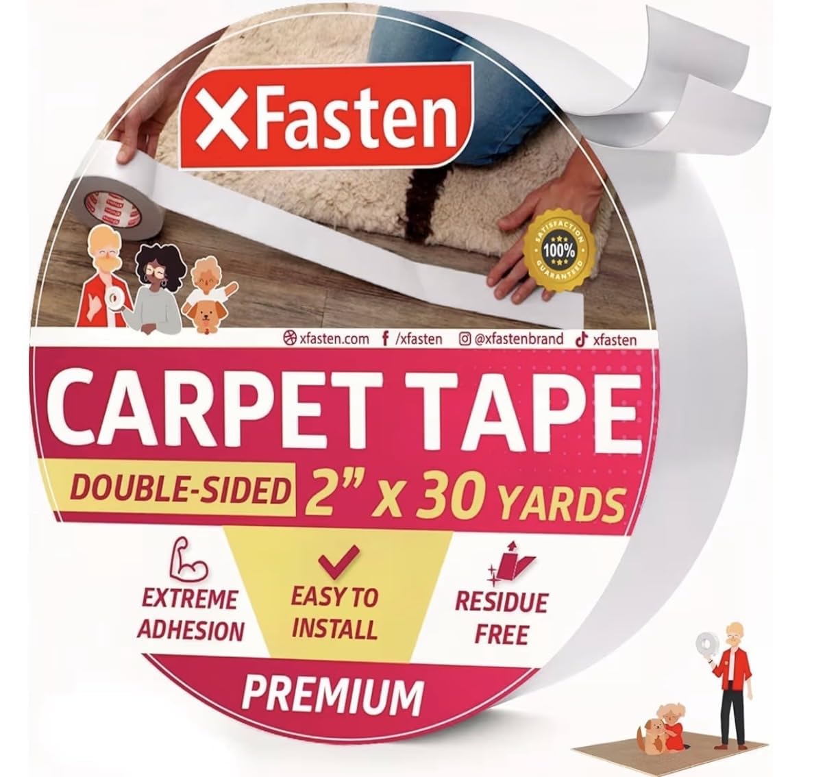 XFasten double-sided carpet tape roll secures rugs on hardwood with residue-free removal.