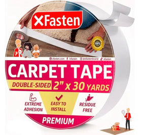 XFasten double-sided carpet tape roll secures rugs on hardwood with residue-free removal.