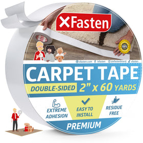 XFasten double-sided carpet tape on a rug showing strong hold for hardwood floors.
