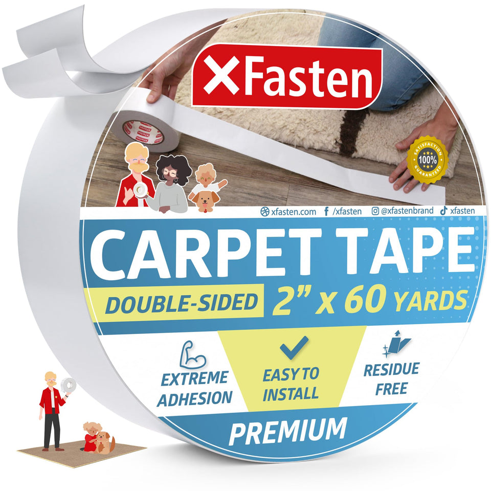 XFasten double-sided carpet tape on a rug showing strong hold for hardwood floors.
