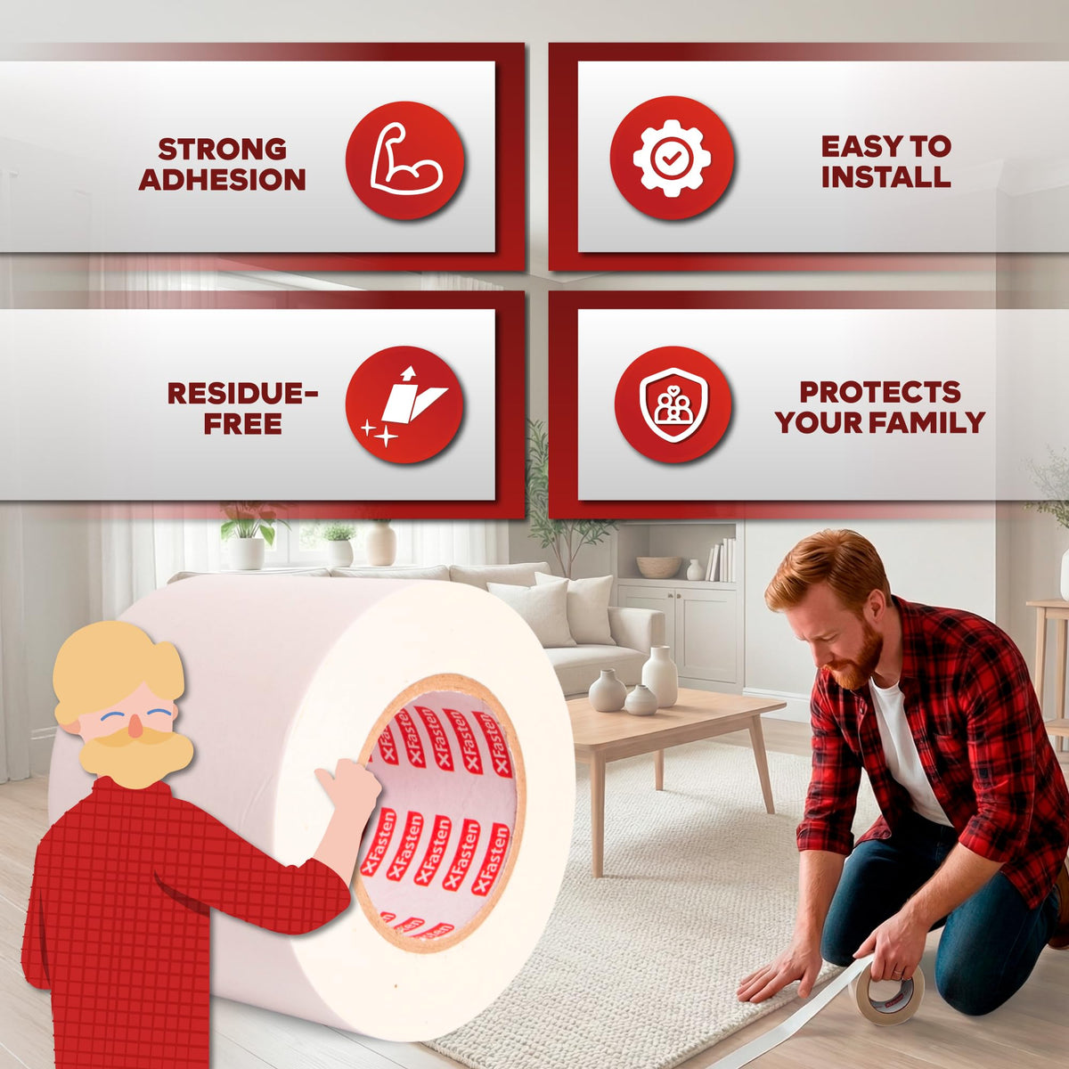 XFasten double-sided carpet tape on wood floor demonstrating secure hold