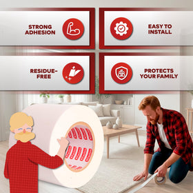 XFasten double-sided carpet tape on wood floor demonstrating secure hold
