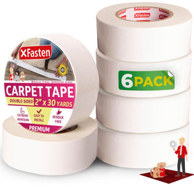 XFasten double sided carpet tape on hardwood floor delivering secure grip for rugs.