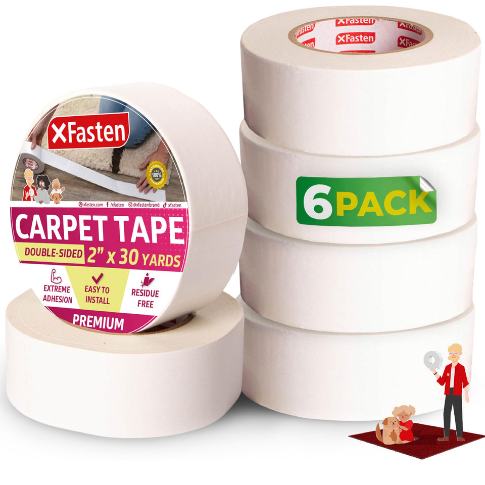 XFasten double sided carpet tape on hardwood floor delivering secure grip for rugs.