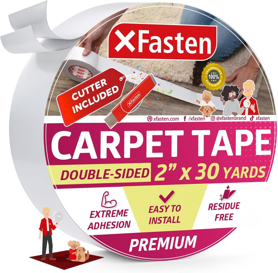XFasten double-sided carpet tape roll with mini cutter for secure rug grip.