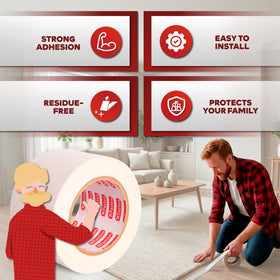 XFasten UV-resistant carpet tape protects outdoor rugs on patios.