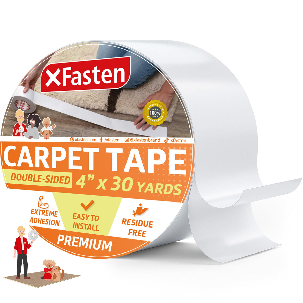 XFasten rug grip tape roll close-up showing strong adhesive for rugs