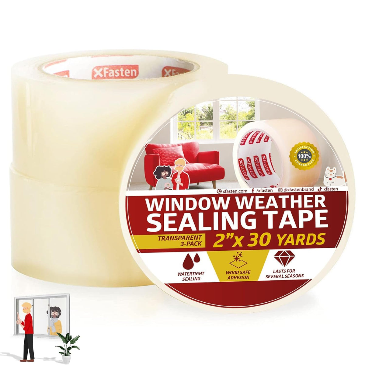 XFasten transparent window weather strip tape close-up showing strong adhesion.