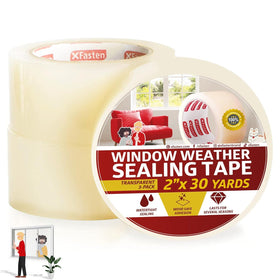 XFasten transparent window weather strip tape close-up showing strong adhesion.