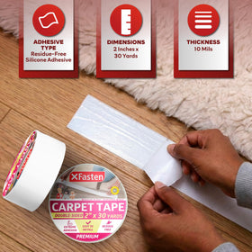 XFasten wood-safe adhesive tape shown on a staircase rug edge.
