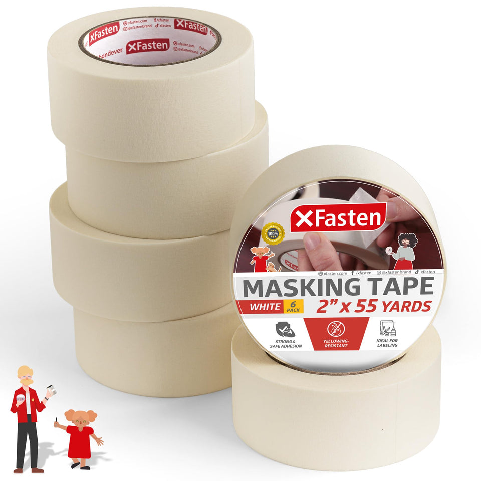 XFasten white masking tape 2in wide pack for bulk labeling and painting projects