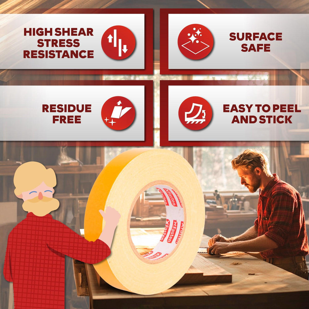 XFasten tape adheres MDF and plywood, removing without fiber damage.