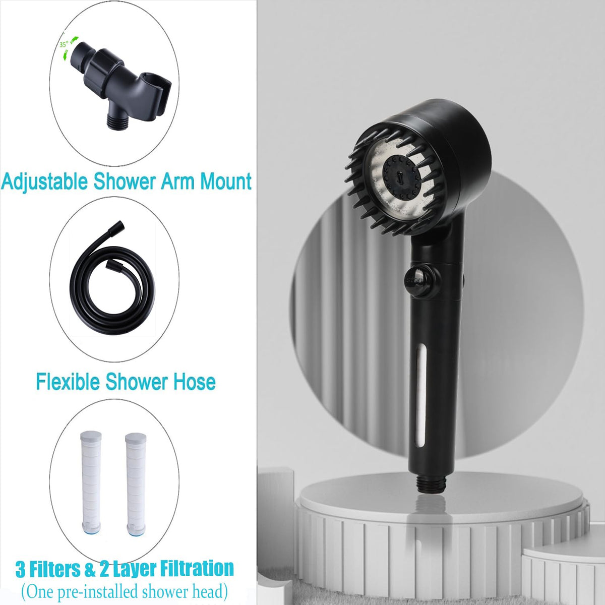Xianshengle filtered shower set includes extra filters for ongoing use.