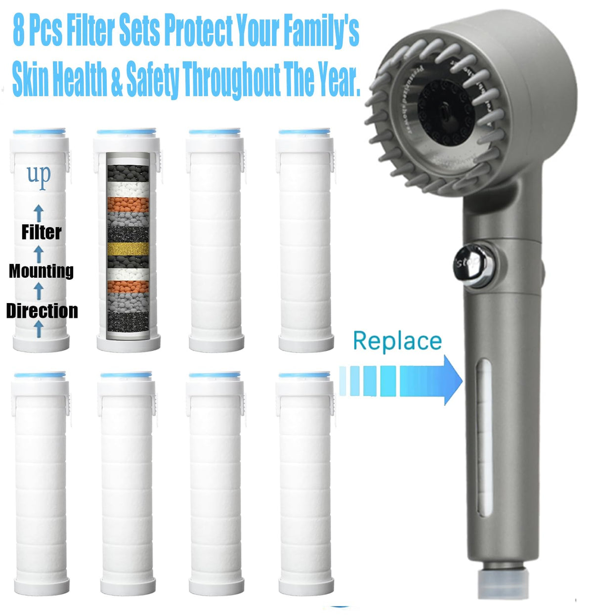 Eight-pack replacement filters for Xianshengle showers provide convenient maintenance