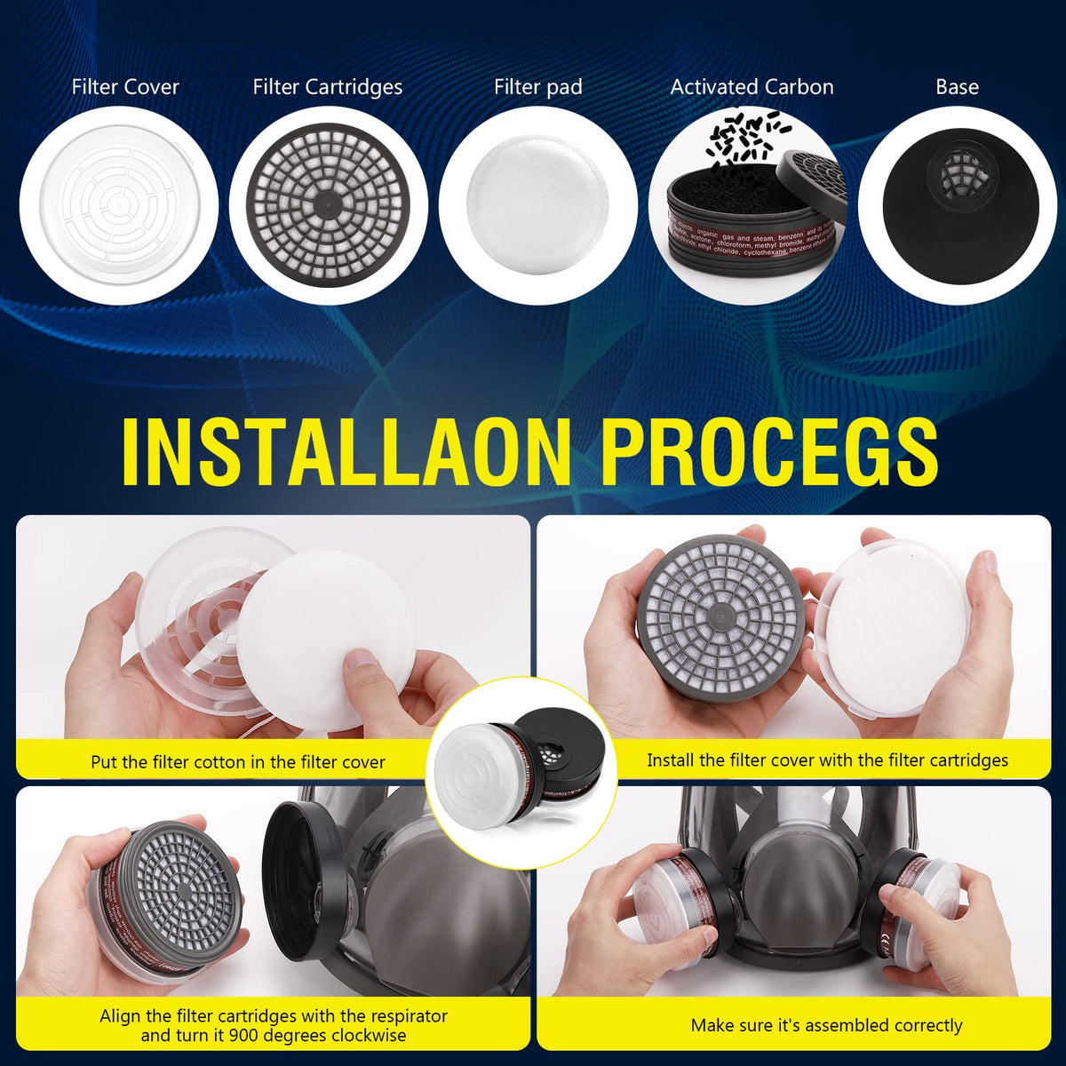 XIANZHO full-face respirator mask, front-filter area, blocks fumes and dust.