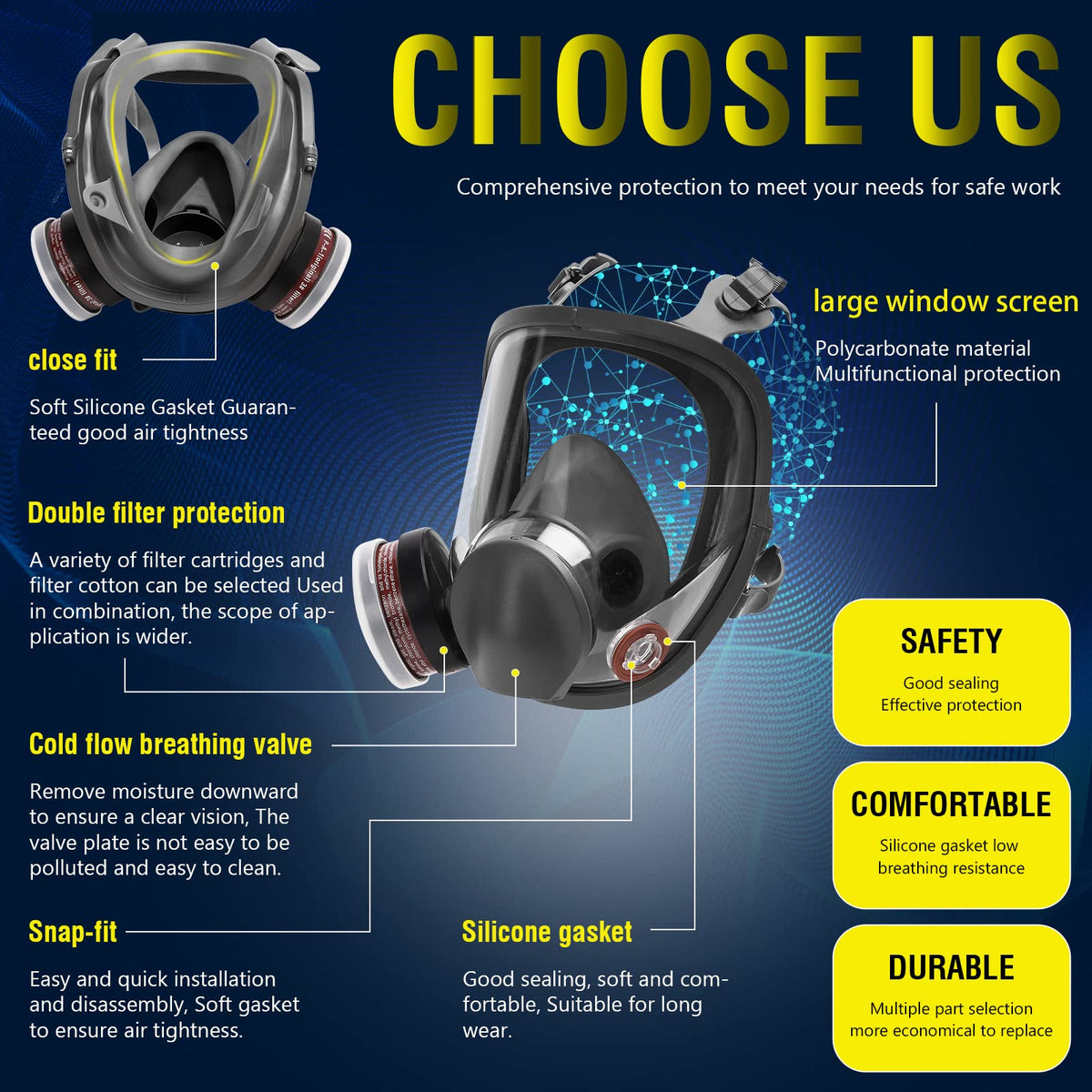 XIANZHO full-face respirator mask, side view, secure coverage for professional painting tasks.